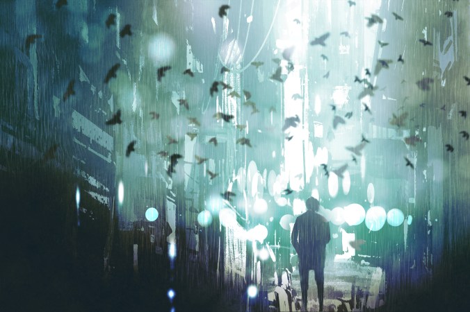 man walking in abandoned city alley with flock of birds,illustration painting